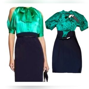 BCBG dress nwt green & black silk top slit sleeve short sexy work cocktail